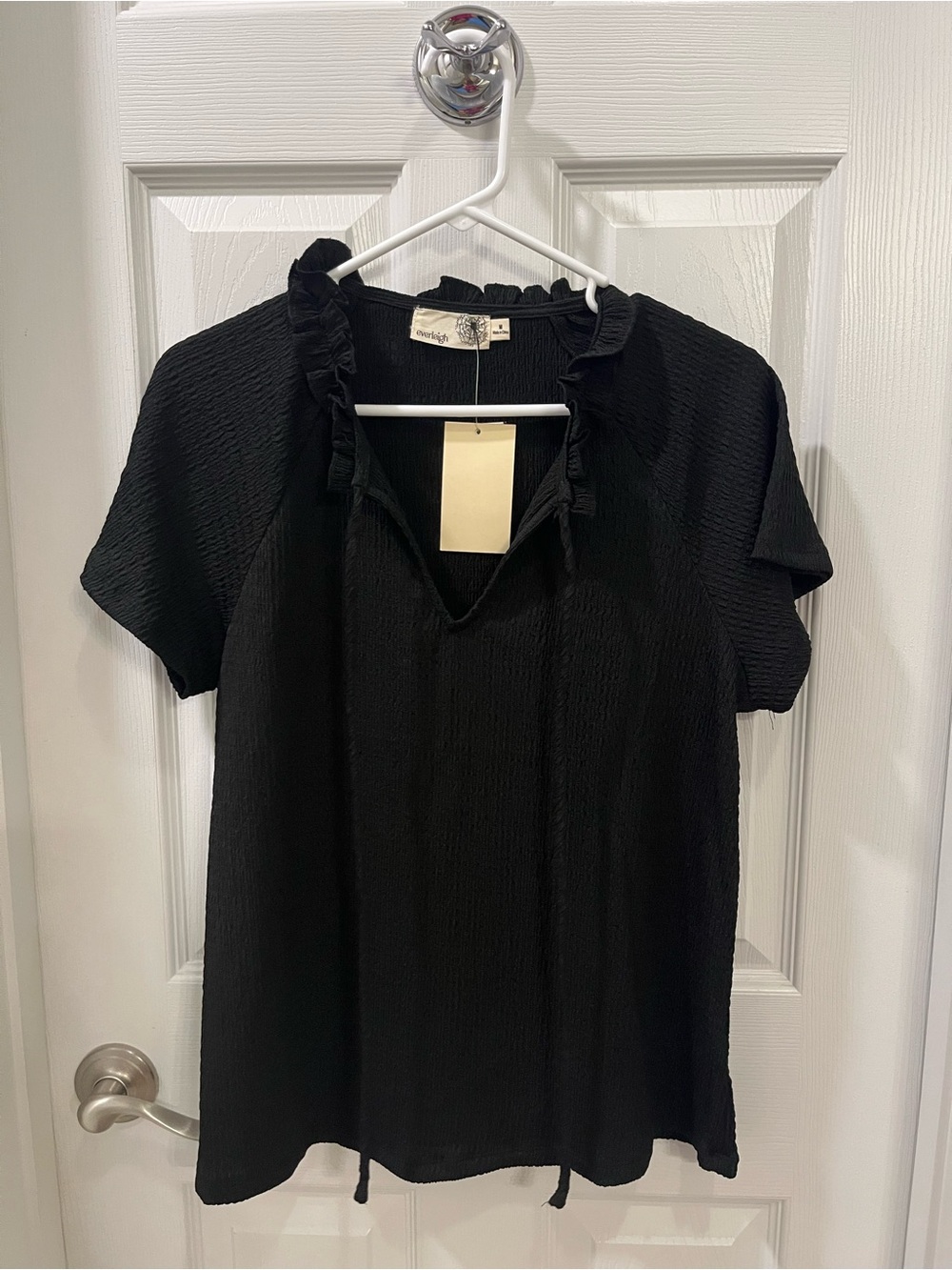everleigh Black Ruffle V-Neck Short Sleeve Blouse